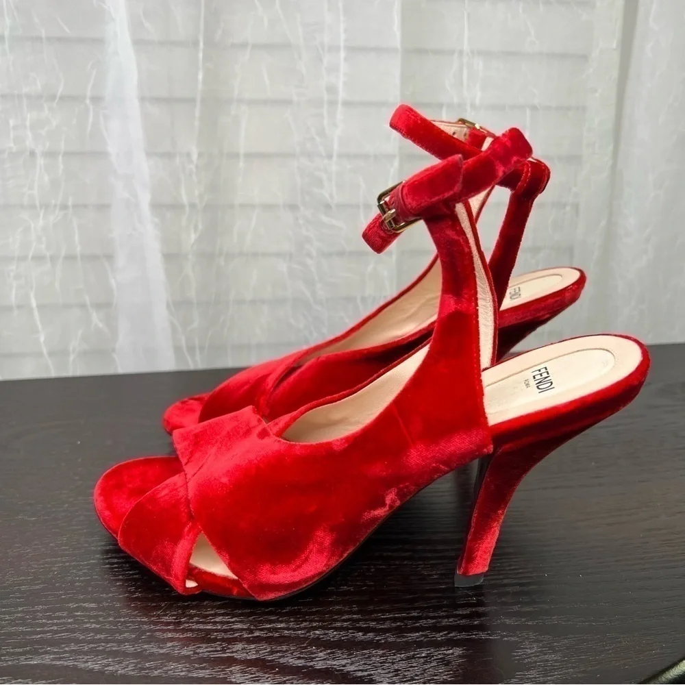 Fendi, Red Velvet Ankle Strap Shoe.  8